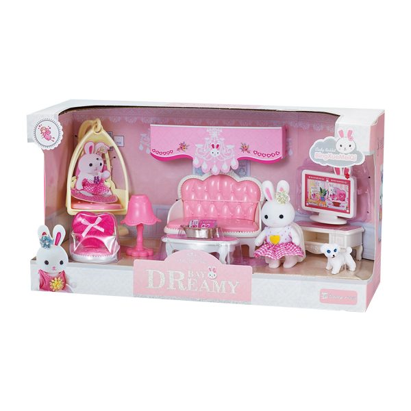 Juguete Set Casa de Muñecas Conejitos Sala con Sofá, TV, Columpio, Accesorios y Figuras Incluidas