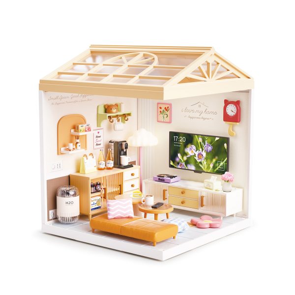 Juguete Casa en Miniatura Sala con Sofá, Muebles, Accesorios y Efecto de Luz Nocturna