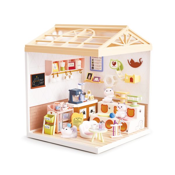 Juguete Cafetería Pet Friendly en Miniatura con Mascotas, Muebles, Accesorios y Efecto de Luz Nocturna