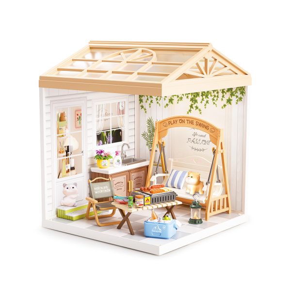 Juguete Casa en Miniatura Patio con Columpio, Mesa de Picnic, Accesorios y Luz Nocturna