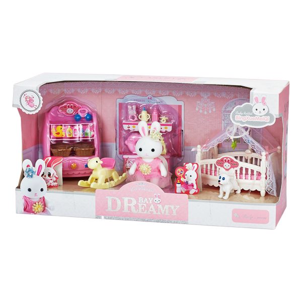 Juguete Casa de Muñecas Set de Bebé Conejito con Cuna, Caballito Mecedor, Accesorios y Figuras Incluidas