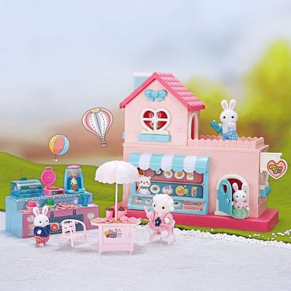 Juguete Set Casa de Muñecas Conejitos con Terraza, Tienda, Muebles, Accesorios y Figuras Incluidas