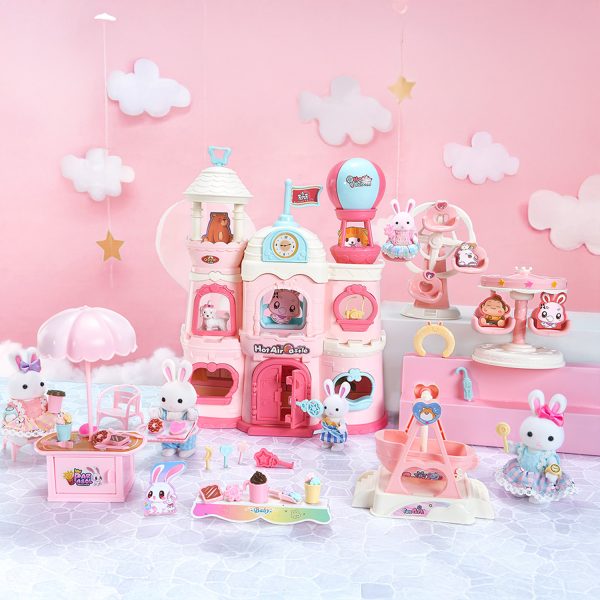 Juguete Set Casa de Muñecas Castillo de Conejitos de Dos Pisos con Globo Aerostatico, Carrusel, Muebles, Accesorios y Figuras Incluidas