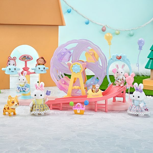 Juguete Set Casa de Muñecas Parque de Diversiones de Conejitos con Rueda de la Fortuna, Resbaladilla y Figuras Incluidas