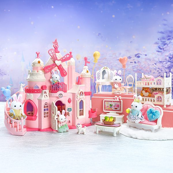 Juguete Set Casa de Muñecas Castillo de Conejitos de Dos Pisos con Molino, Muebles, Accesorios y Figuras Incluidas