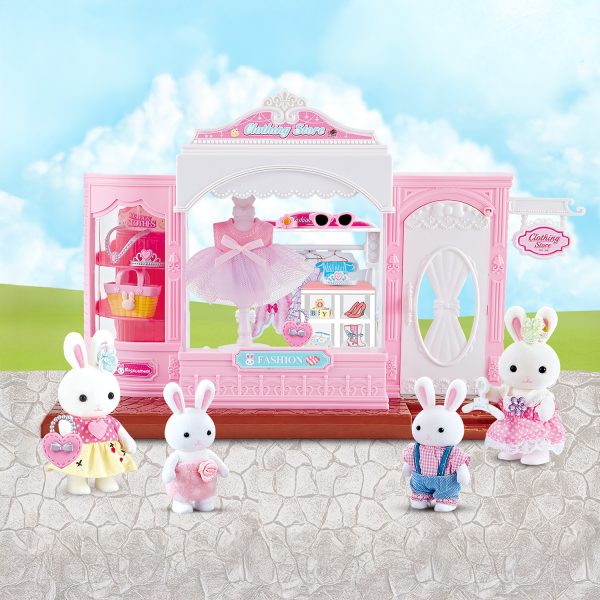 Juguete Set Casa de Muñecas Tienda de Ropa de Conejitos con Muebles, Vestidos, Accesorios y Figuras Incluidas