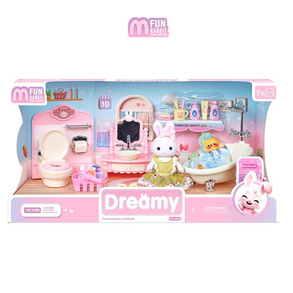 Juguete Set Casa de Muñecas Baño Dreamy con Muebles, Accesorios y Conejitos Incluidos