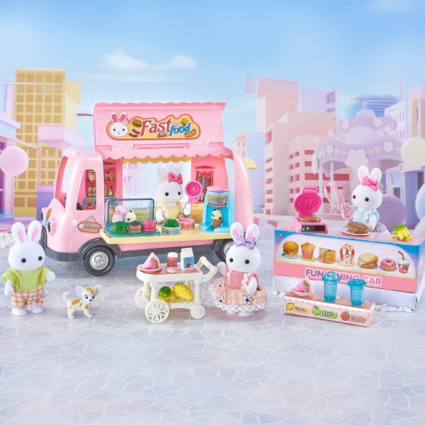 Juguete Casa de Muñecas Set Camioneta de Comida Rápida y Helados con Accesorios, Muebles, Mascota y Conejitos Incluidos