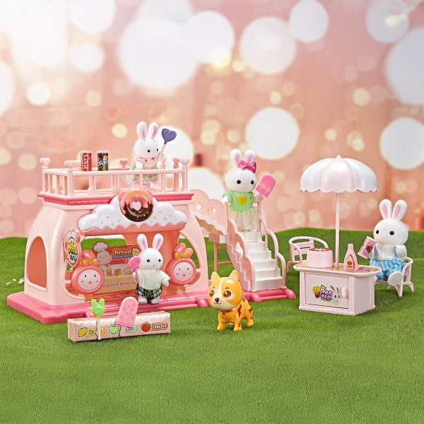 Juguete Casa de Muñecas Set Tienda de Postres de Conejitos con Terraza, Resbaladilla, Accesorios y Figuras Incluidas
