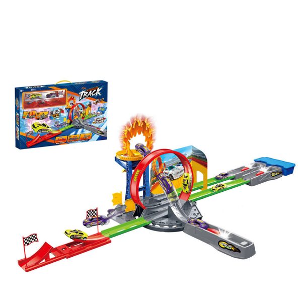 Pista de Juguete con Loop 360°, Aro de Fuego y Coches de Carreras para Niños