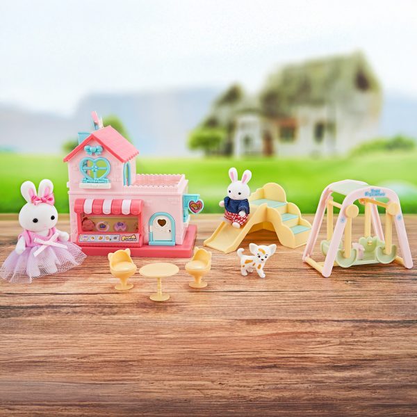 Juguete Casa de Muñecas Set Tienda de Conejitos con Columpio, Resbaladilla, Accesorios y Figuras Incluidas
