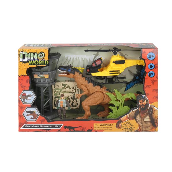 Juguete Set Dino World con Helicóptero, Torre de Vigilancia, Dinosaurios y Figura con Accesorios