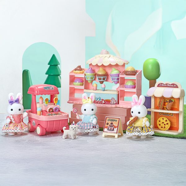 Juguete Casa de Muñecas Set Estación de Postres con Carrito de Helados, Pizza, Accesorios y Conejitos Incluidos.