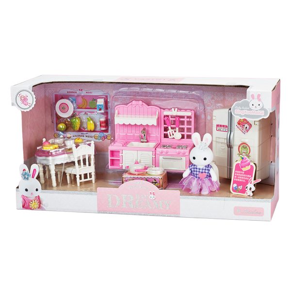 Juguete Set Casa de Conejitos Cocina con Refrigerador, Mesa, Accesorios y Figuras Incluidas